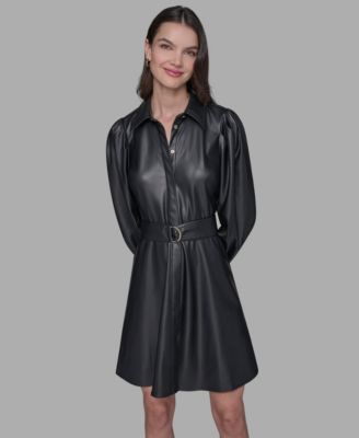 KARL LAGERFELD PARIS - Women's Faux Leather Belted Shirt Dress