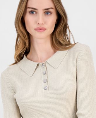 Women's Collared Ribbed Metallic Top