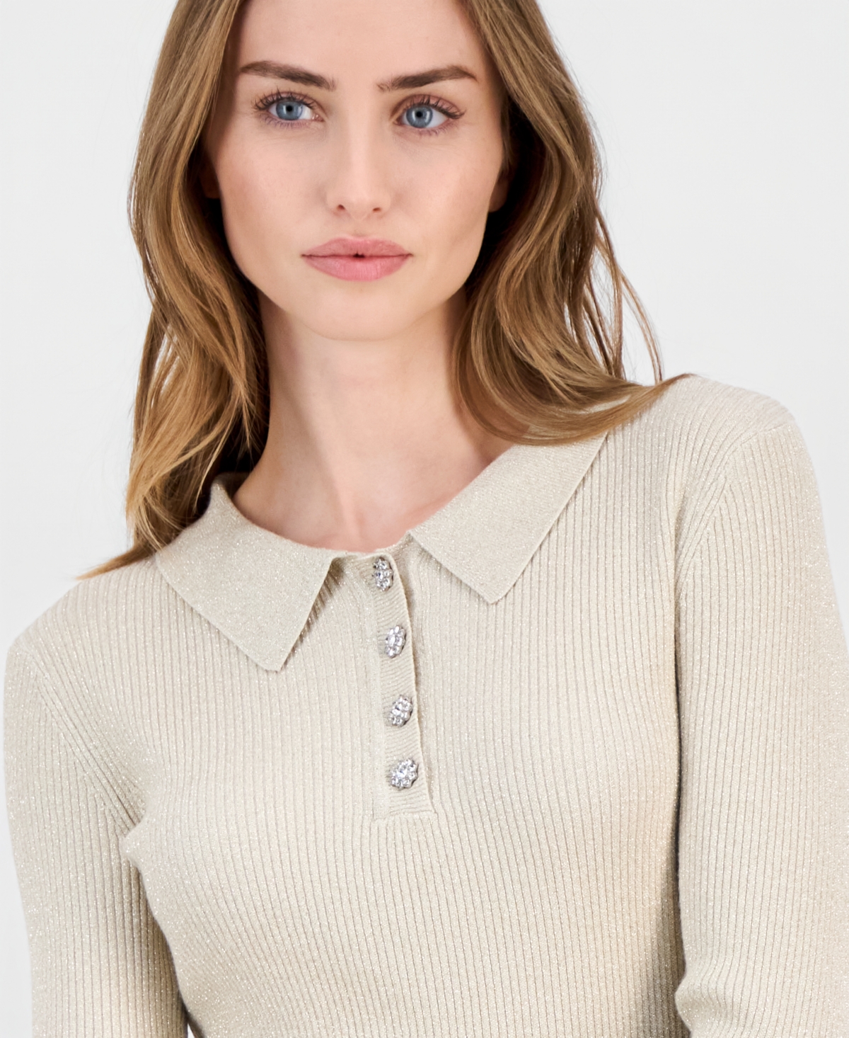 T Tahari Women's Collared Ribbed Metallic Top