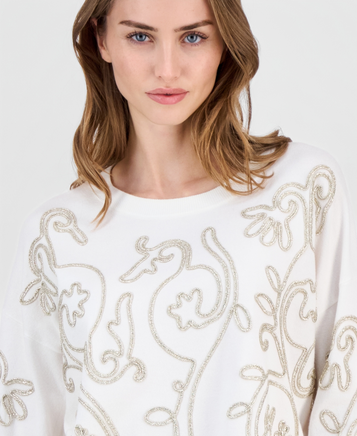 T Tahari Women's Soutache Crewneck Sweater In White