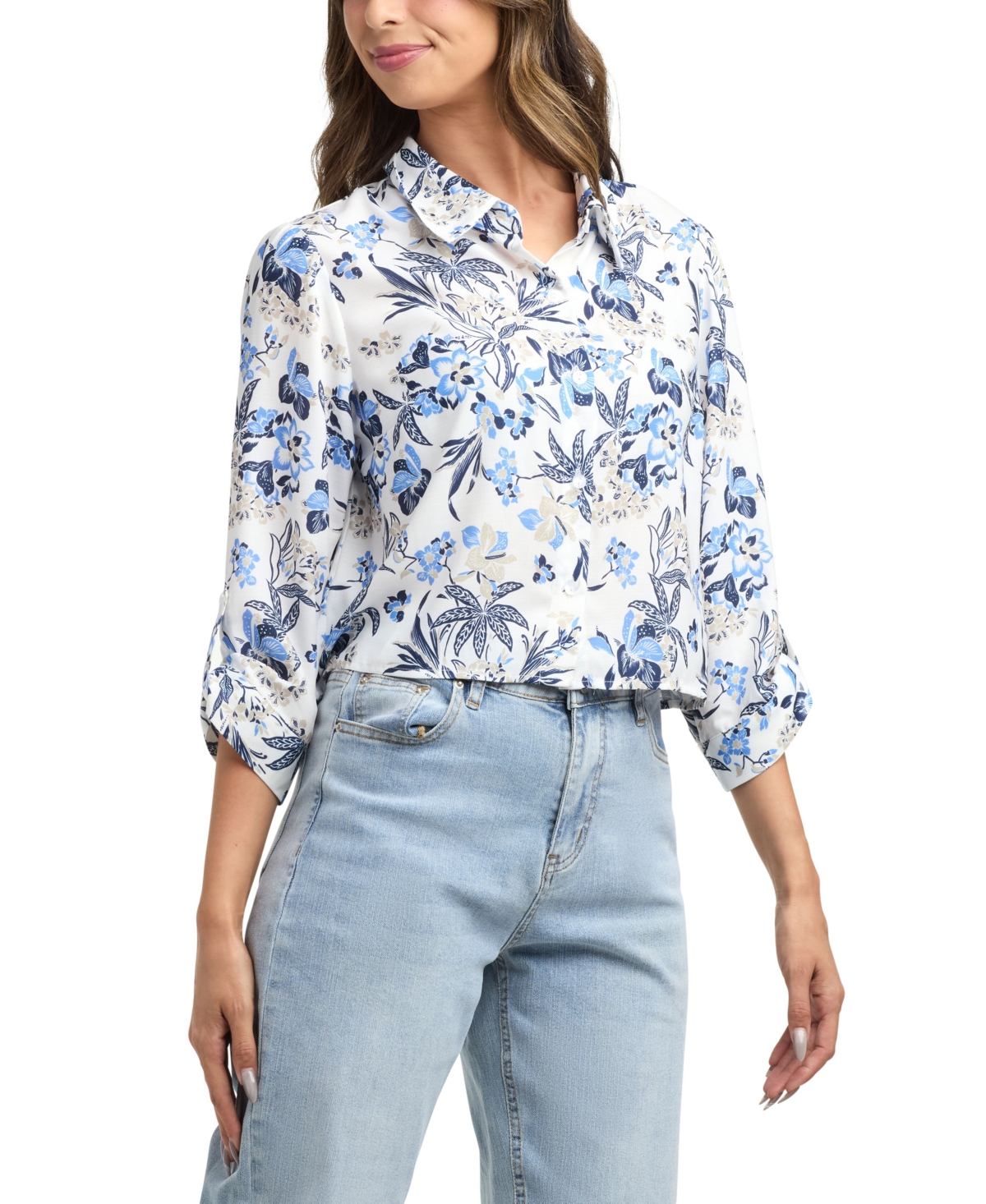 Bcx Women's Resort Button Front Boarder Shirt In Blue