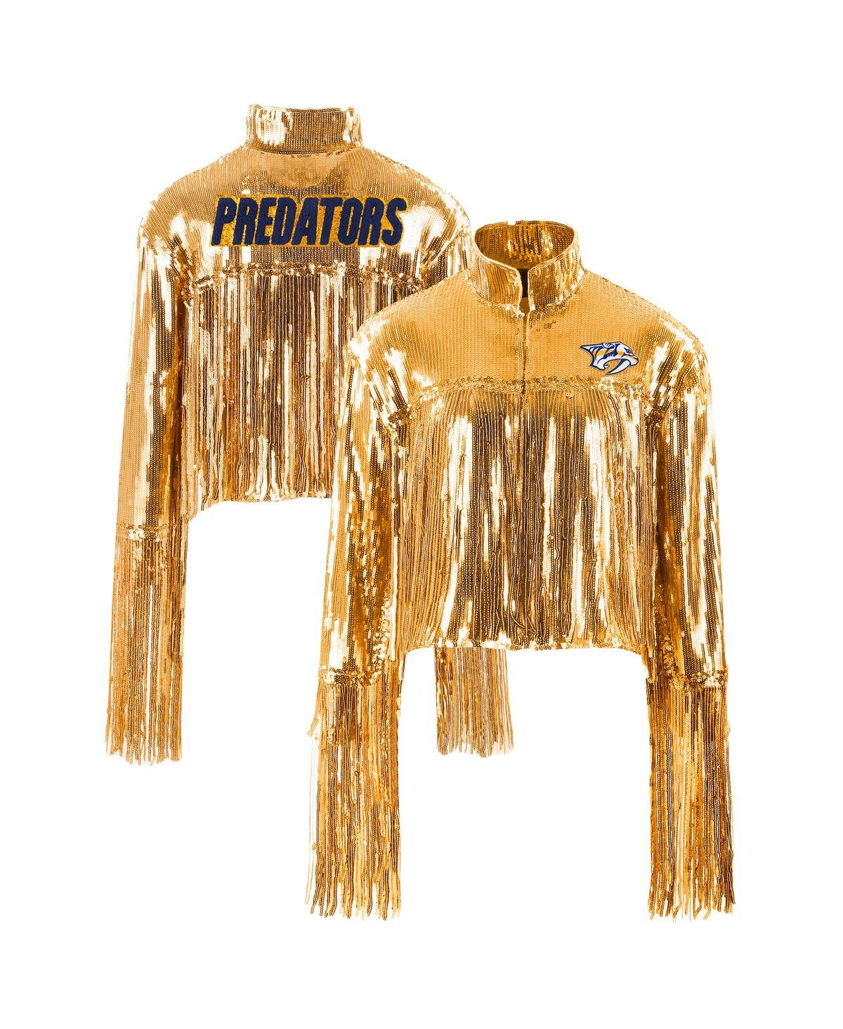 Cuce Women's Gold Nashville Predators Cropped Sequin Fringe Blazer Jacket In Gold