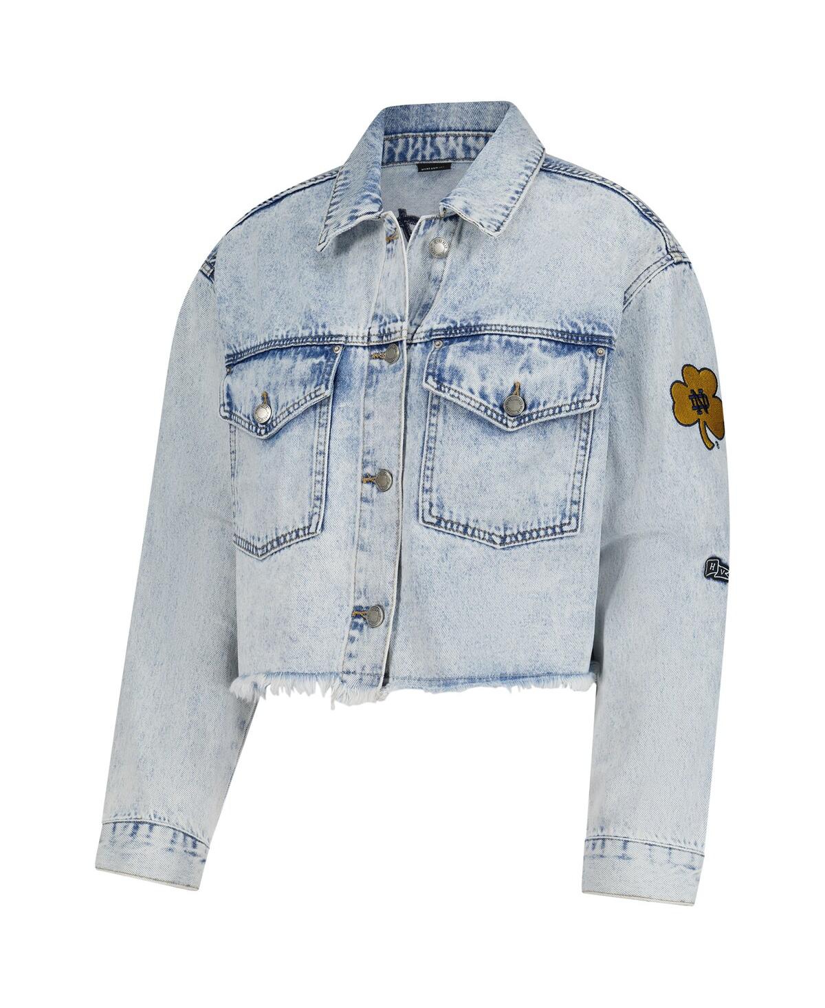 Hype And Vice Women's Denim Notre Dame Fighting Irish Light Wash Cropped Button-up Jean Jacket In Animal Print