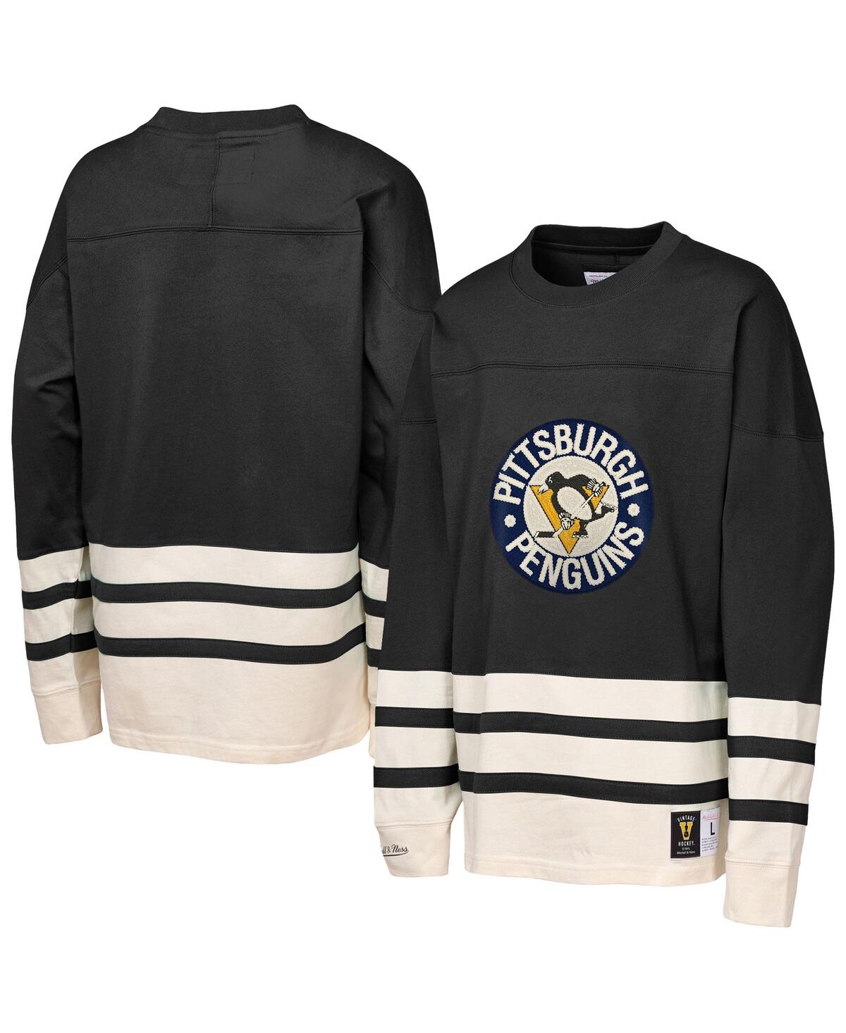 Mitchell & Ness Big Boys And Girlsâ Black Pittsburgh Penguins Chainstitch Heavyweight Long Sleeve T-shirt In Multi