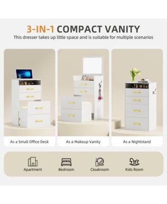 3-in-1 Vanity Desk with Flip Mirror, Glass Top, 3 Drawers