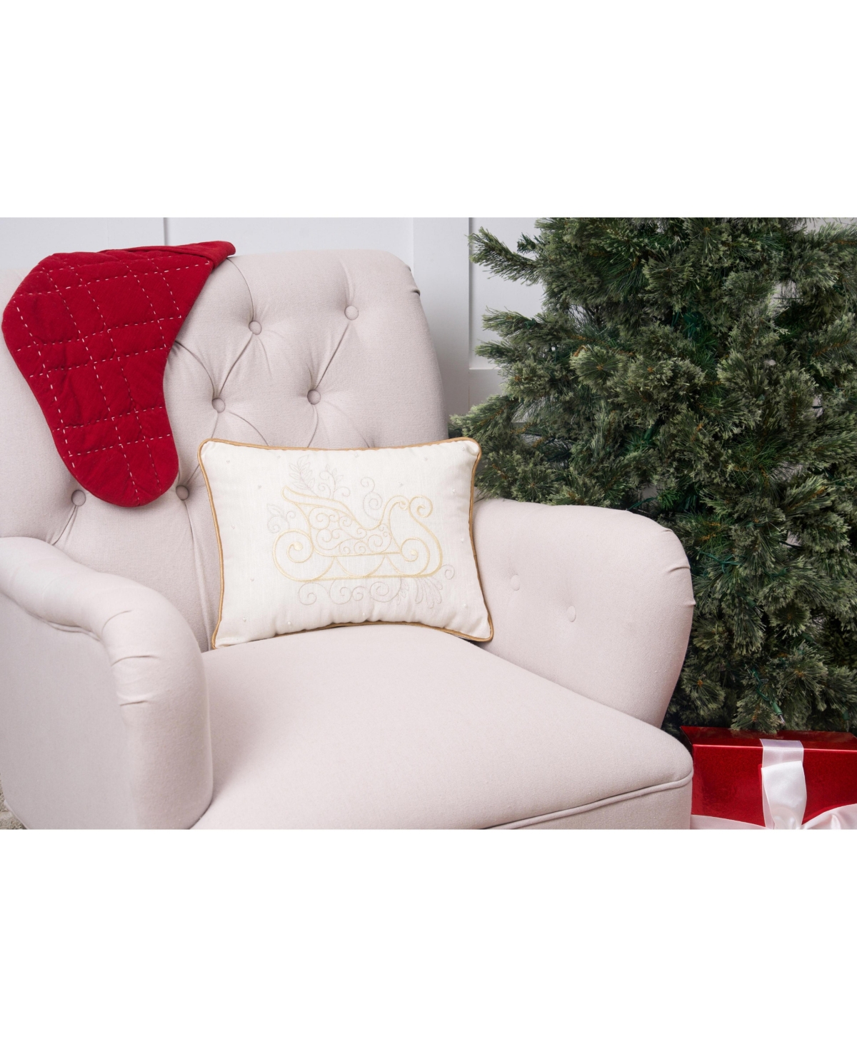 Golden Champagne Sleigh Embroidered Accent Pillow, 12" x 16" for Christmas