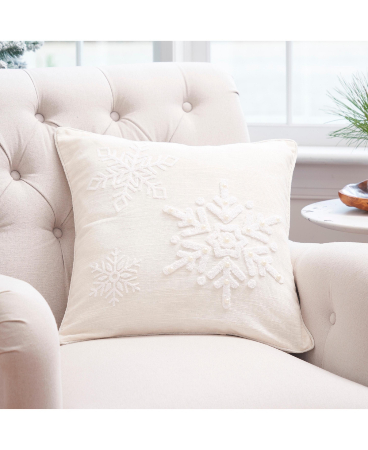 C&F Home White Snowflakes w/ Pearl Beads Cotton Blend Christmas Accent Throw Pillow 18" x 18"