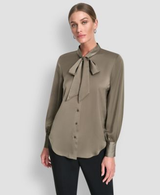 Women's Tie-Neck Front Button Long Sleeve Blouse