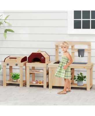 3-Piece Outdoor Kitchen Set Mud Kitchen with Separate BBQ Grill and Pizza Oven