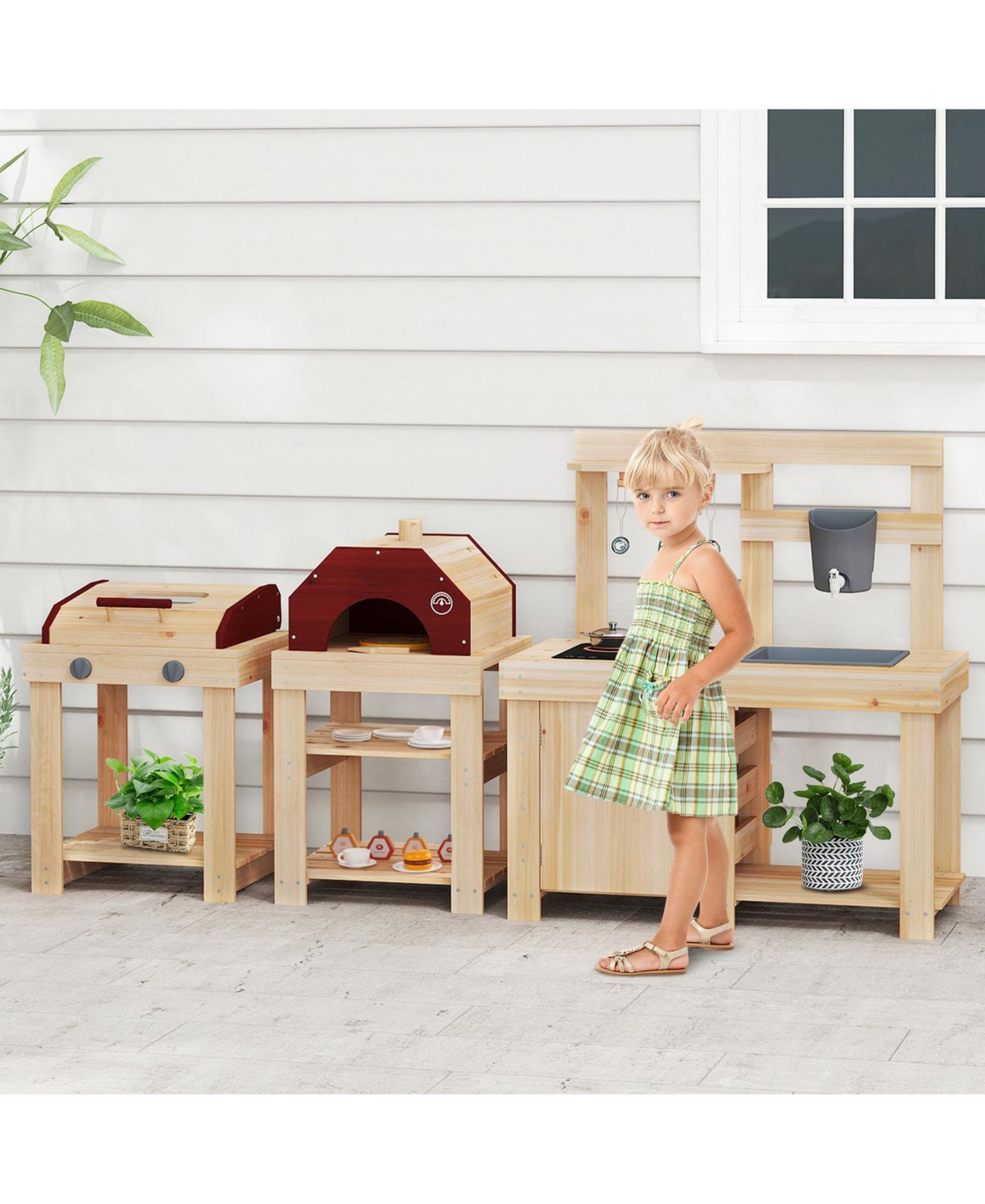 Детские игрушки SUGIFT 3-Piece Outdoor Kitchen Set Mud Kitchen with Separate BBQ Grill and Pizza Oven, цвет: Натуральный — фото 9