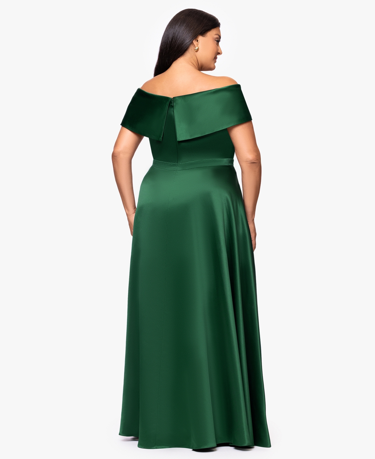 Xscape Plus Size Satin Off-the-shoulder Gown In Green