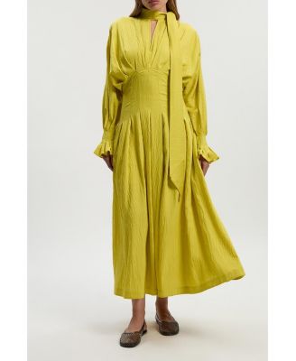 Women's Pleated Neck Tie Detail Woven Maxi Dress