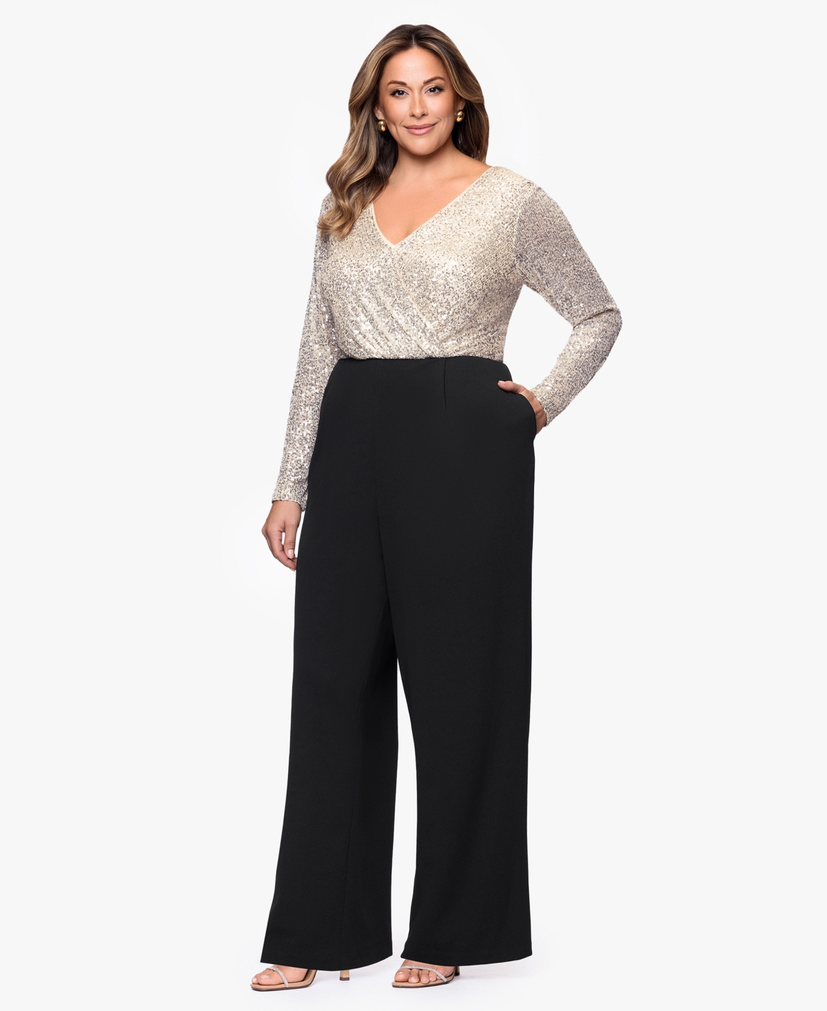 Xscape Plus Sequin Detail Long Sleeves Jumpsuit