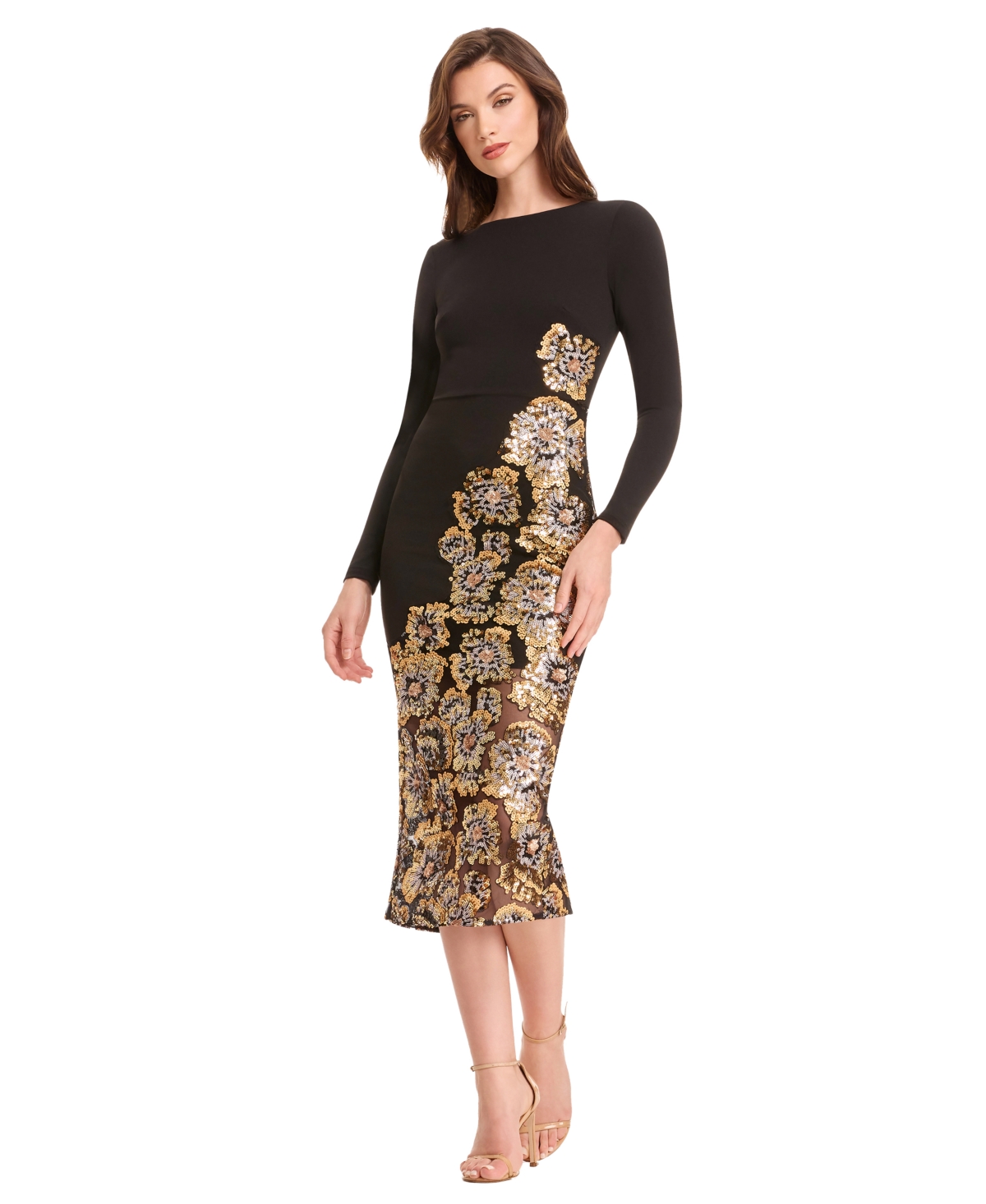Dress The Population Mara Sequin Long Sleeve Midi Dress In Black