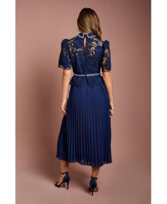 Women's Lace Top Pleat Skirt Jewel Button Dress