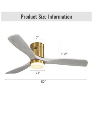 52 Inch 3 Solid Wood Blade Flush Mount Ceiling Fan with Tri Color Adjustable Light and Remote Control