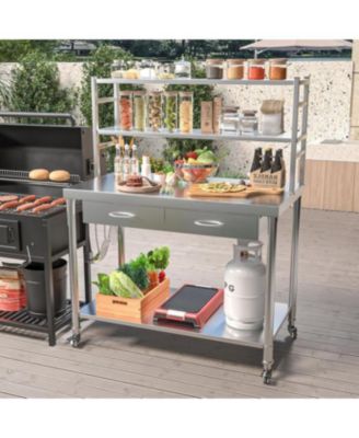 48"x24" 201 Stainless Steel 2 Shelves, 2 Drawers, 1700 lb Capacity, Locking Wheels Commercial Prep Table