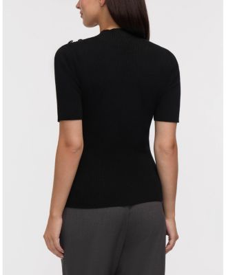 Women's Mock Neck Elbow Sleeve Rib Sweater with Button Detail