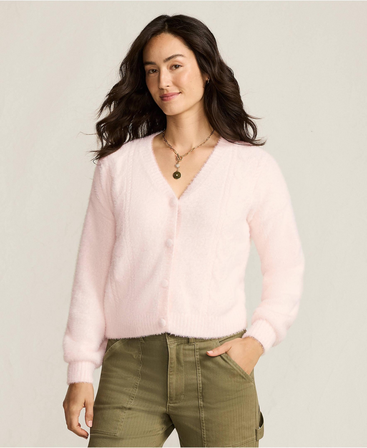 Lands' End Women's Fuzzy Eyelash Cable Cardigan Sweater