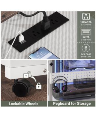 Height Adjustable Computer Tower Stand with Charging Station, Mobile Rolling CPU Holder with Wheels