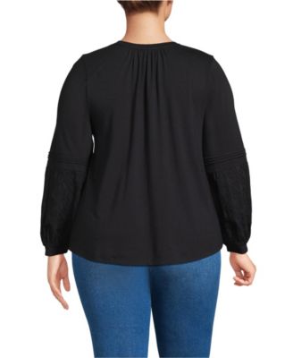 Plus Size Lightweight Jersey Lace Mix Long Sleeve Pintuck Top