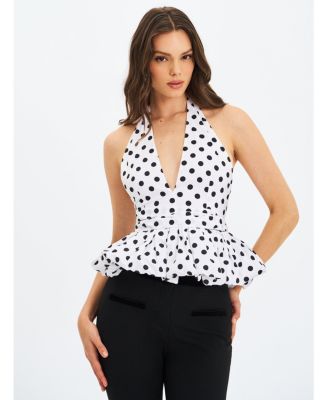 Women's Ilene White and Black Polka Dot Bubble Hem Halter Top