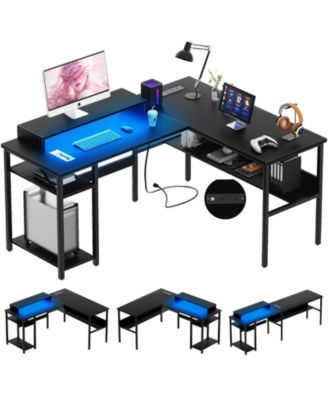 Reversible L Shaped Computer Desk with Power Outlets and Monitor Stand, Sturdy & Easy Assembly