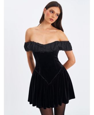 Women's Daisha Black Lace Trimmed Off-Shoulder Ruched Mini Dress