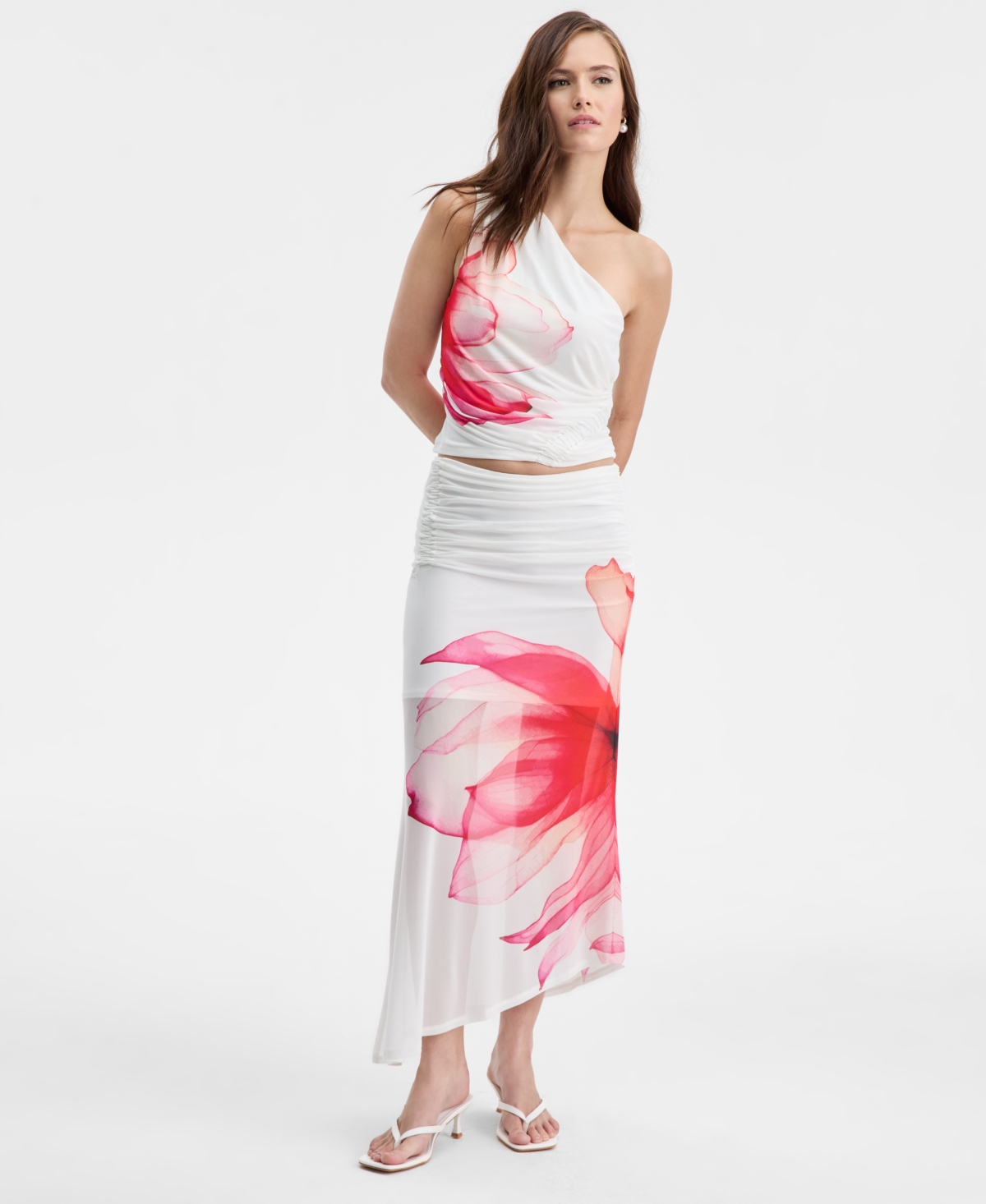 Bar Iii Women's Asymmetrical Floral-print Midi Skirt, Macy's Exclusive In White