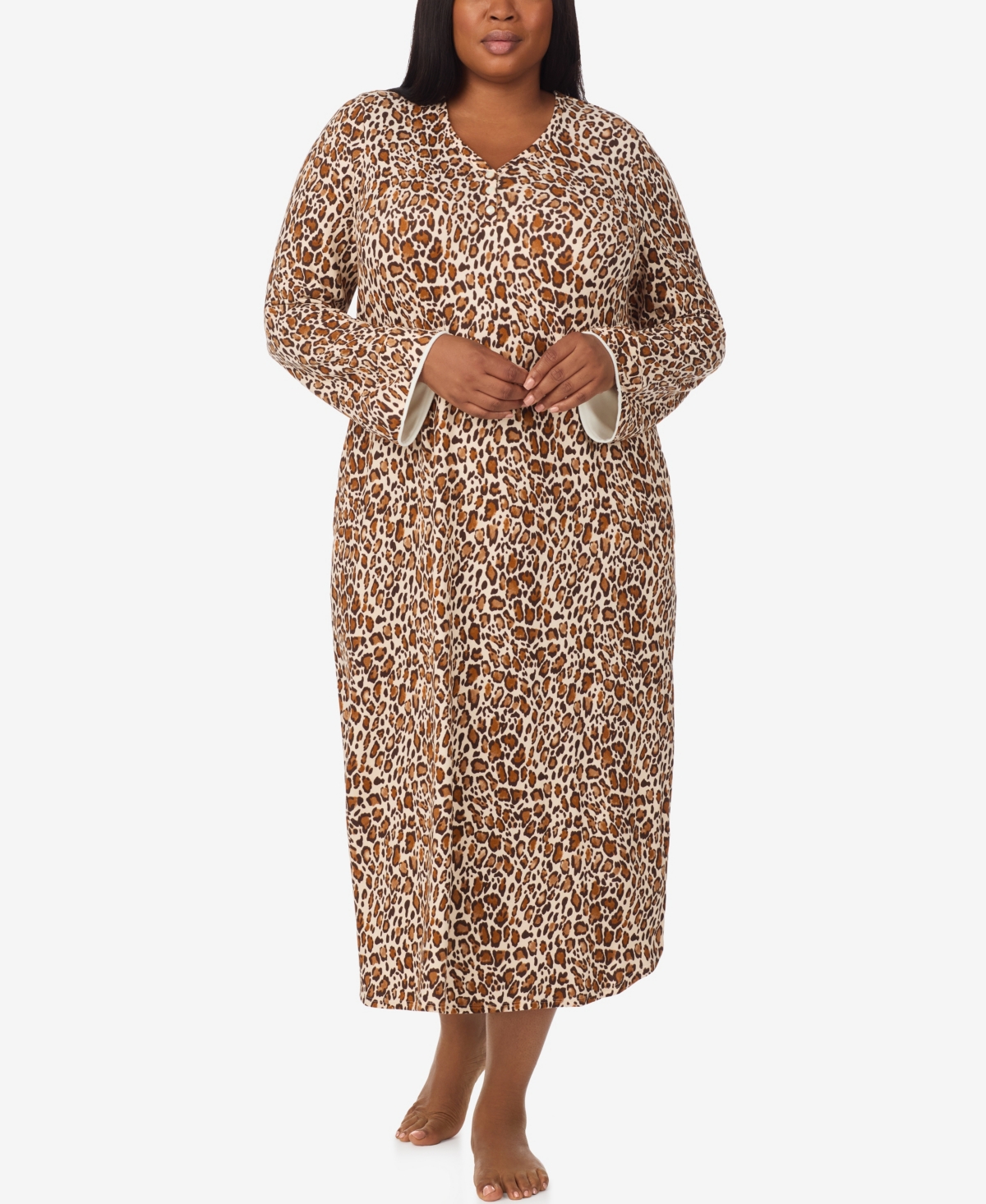 Ellen Tracy Plus Size Printed V-neck Long Gown With Socks In Brown