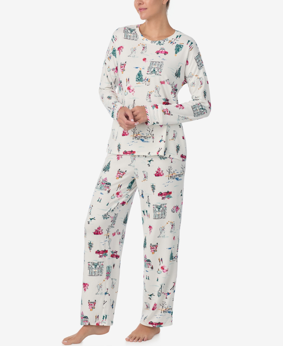 Ellen Tracy Women's Printed Round Neck Top And Pants Pajama Set In White