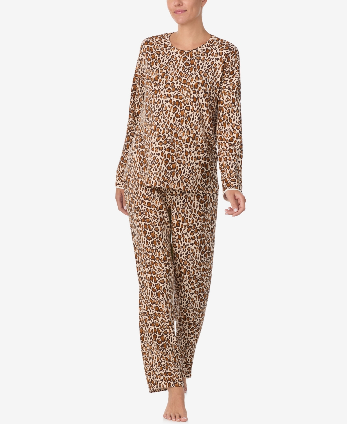 Ellen Tracy Women's Printed Round Neck Top And Pants Pajama Set In Brown