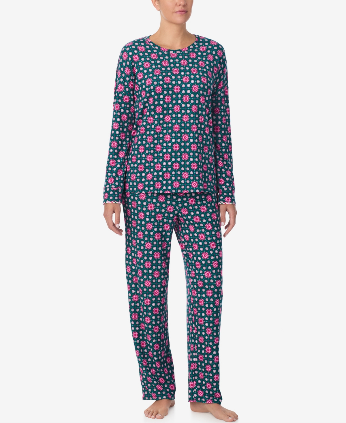 Ellen Tracy Women's Printed Round Neck Top And Pants Pajama Set In Green