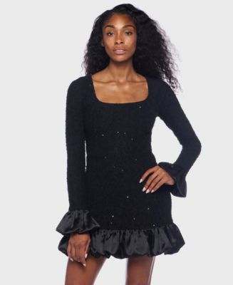 black sequin long sleeve bodycon dress V-Neck Pleated Body Sequin Long Sleeve Black Dress Size M