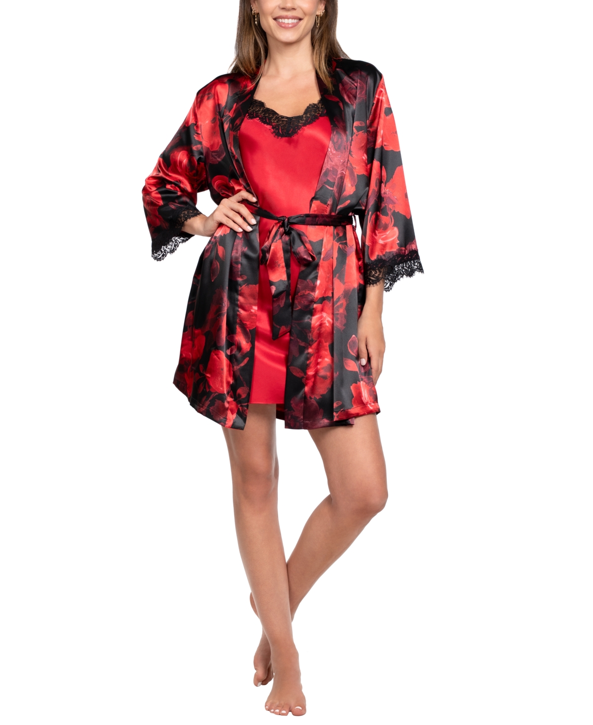 Linea Donatella Women's 2-piece Sofi Rose Sleeveless Chemise And Wrapper Set In Red