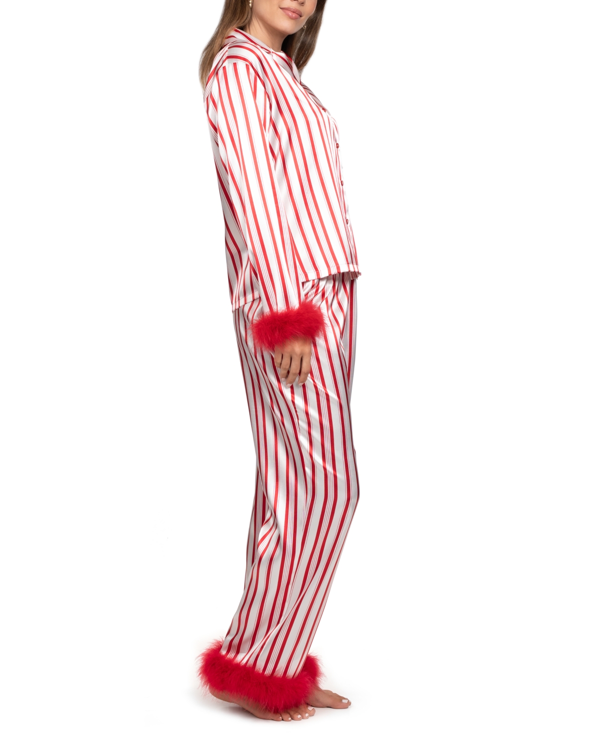 Linea Donatella Women's 2-piece Marabou Stripe Top And Pants Pajama Set In Red