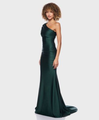 Juniors' One-Shoulder Draped Floor-Sweeping Gown