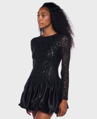 Junior's Long Sleeve Round Neck Bubble Dress