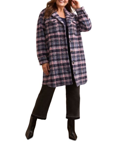 Женские куртки TRIBAL Plus Size Plaid Notch Collar Shirt Jacket