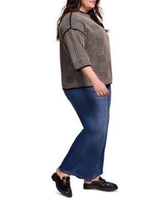 Plus Size 3/4 Sleeve Mock Neck Jacquard Plaid Top