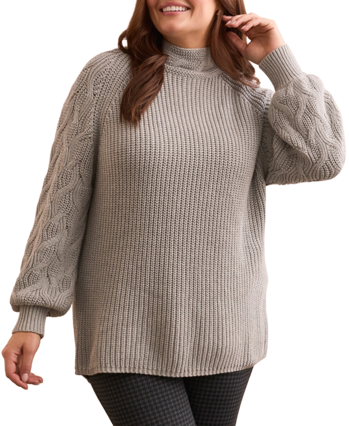 Tribal Plus Size Cable Knit Mock Neck Sweater In Gray