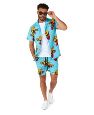 Men's Hawaiian 2 Piece Set - PAC-MAN Summer Beach Swim Wear Slim Fit - Includes Short Sleeve Shirt and Shorts