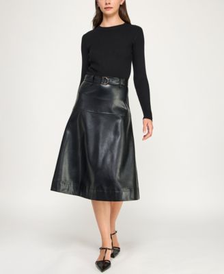 Juniors Faux Leather Belted Midi Sweater Dress