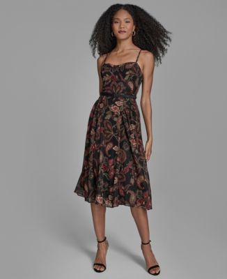 Women's Printed Sweetheart Neck Midi Dress