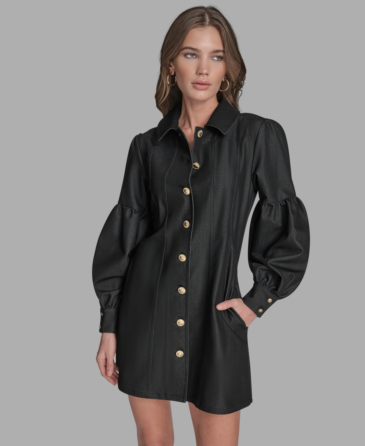 Bcbg Women's Button-front Balloon Sleeves Mini Denim Dress In Black