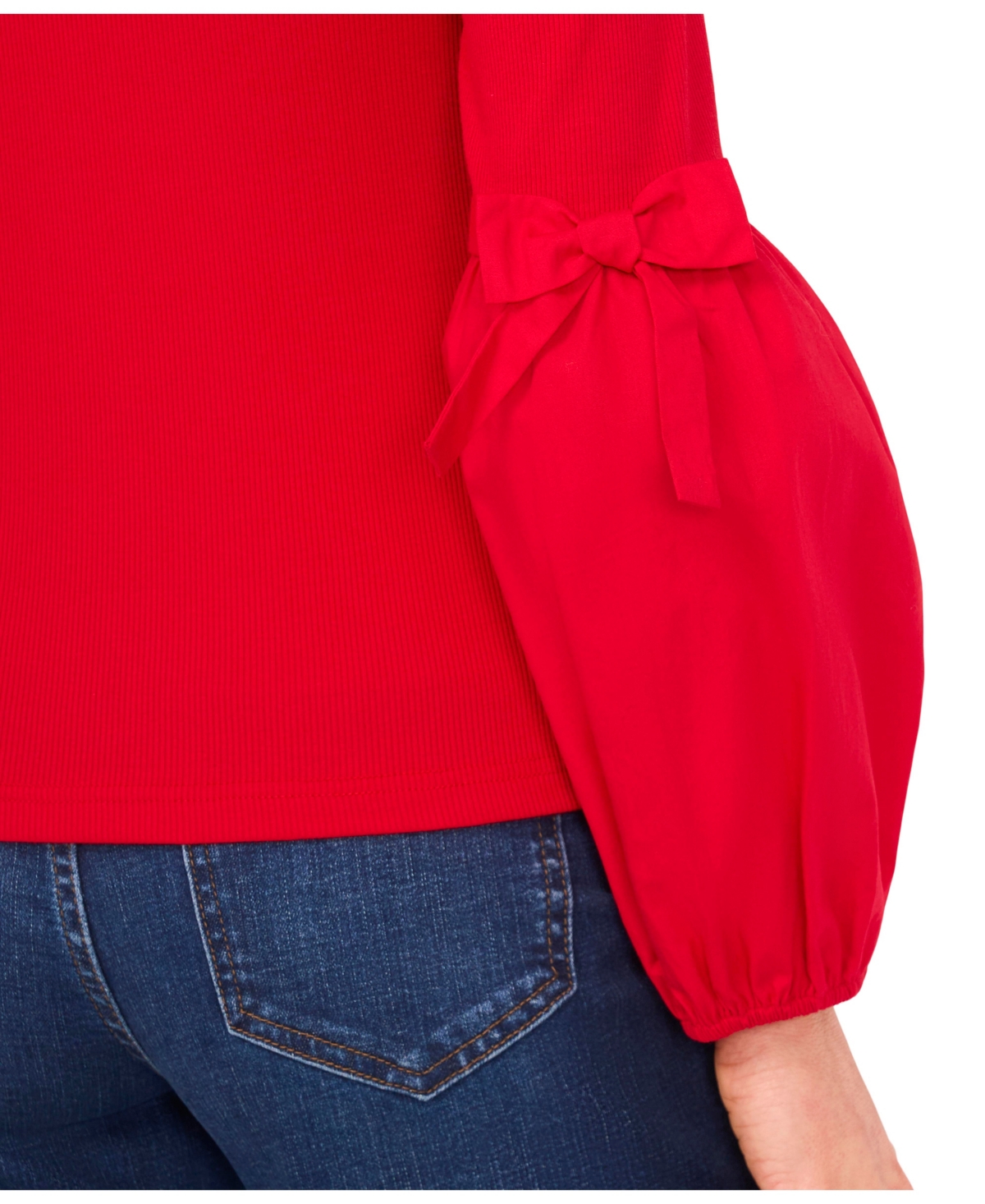 Cece Women's Mix Media Rib Knit Balloon Long Sleeve Blouse In Red