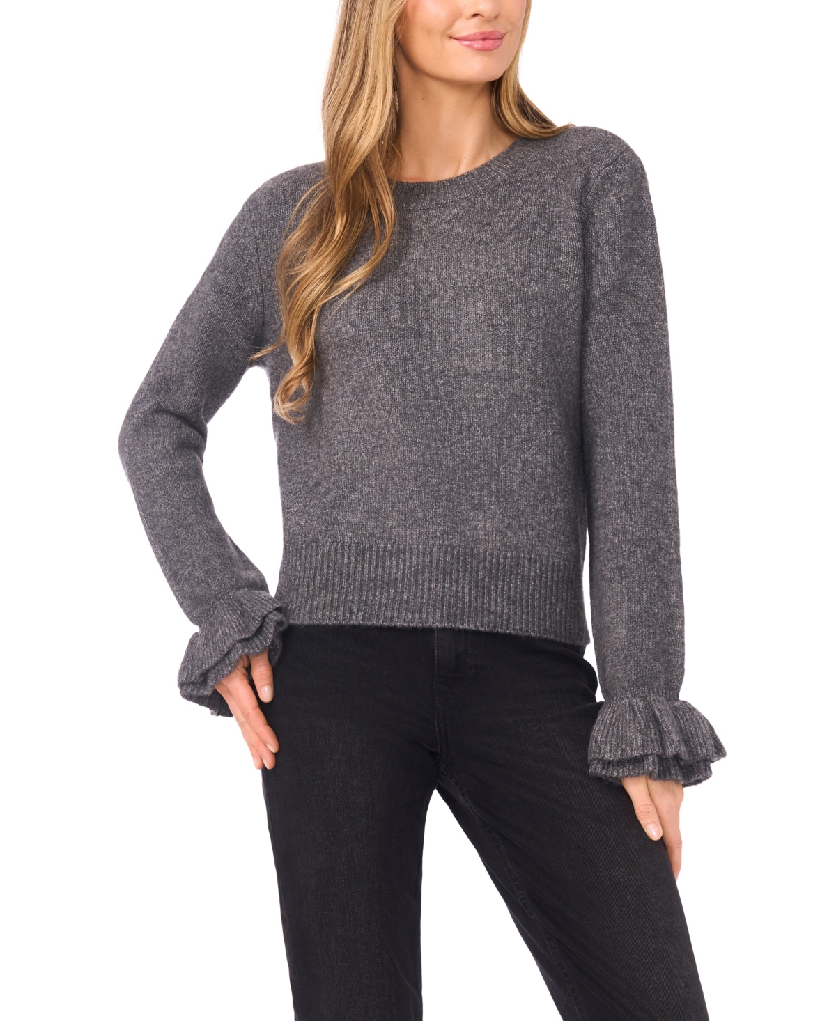 CeCe Women's Ruffle Cuff Crewneck Sweater
