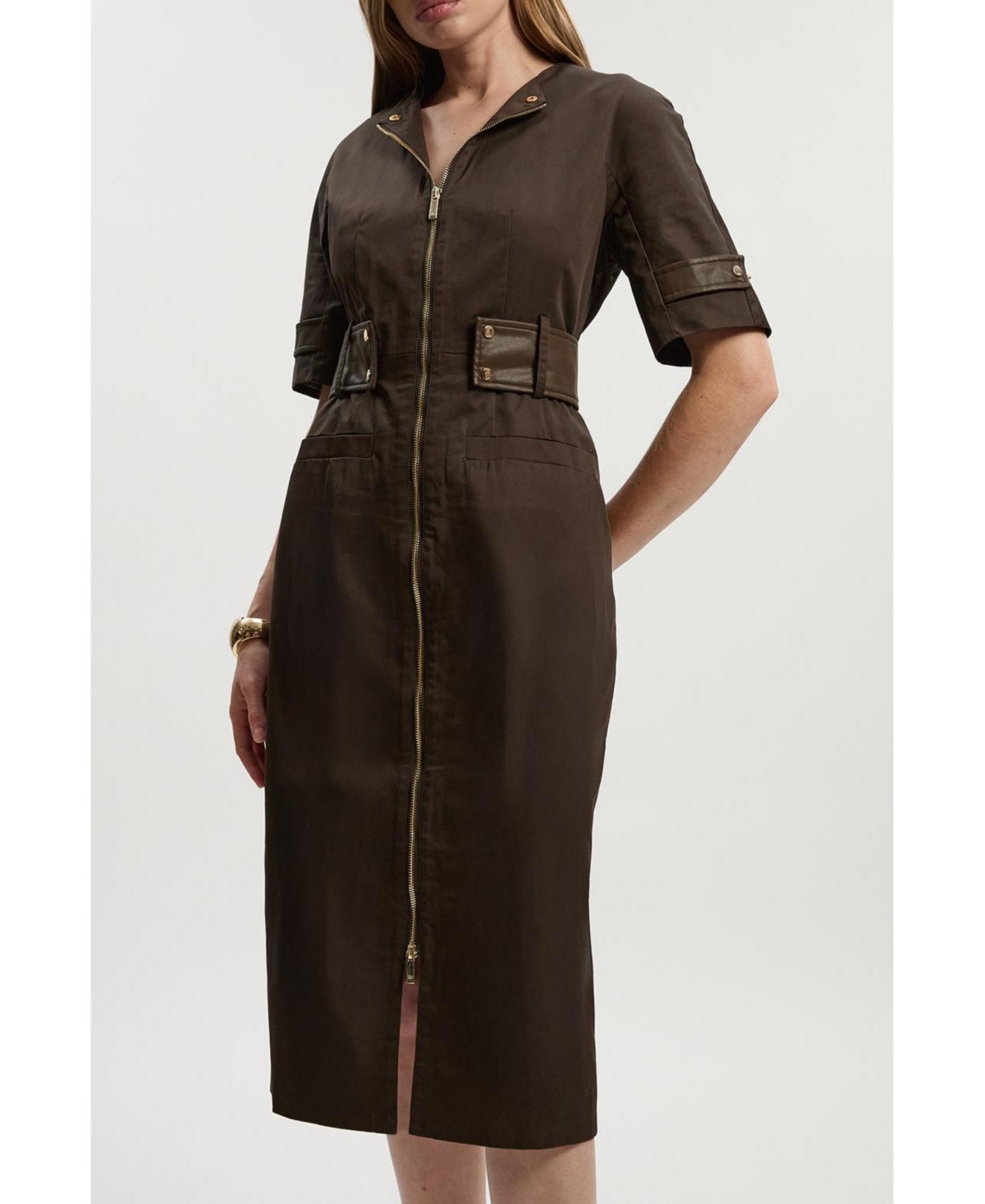 Karen Millen Women's Cotton Pu Utility Midi Dress