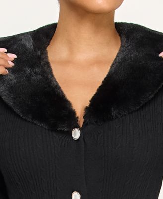 Juniors Removable Faux Fur Collar Midi Sweater Dress Cardigan