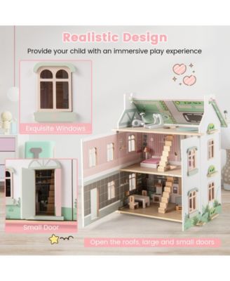 Kids Wooden Dollhouse 3 Level with Double-Sided Roofs and Doors